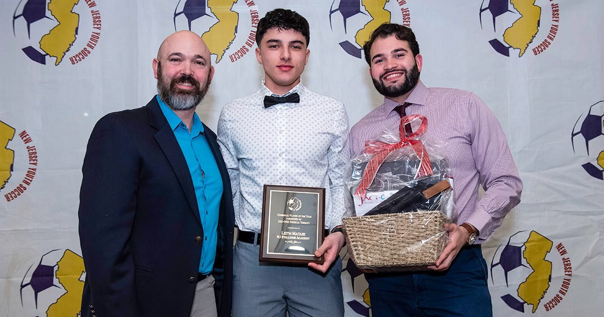 NJ Youth Soccer and JAG-ONE Physical Therapy present a plaque to the NJYS Comeback Player of the Year.