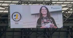 Soccer Parenting Association founder Skye Eddy is featured on the jumbotron at Red Bull Arena.