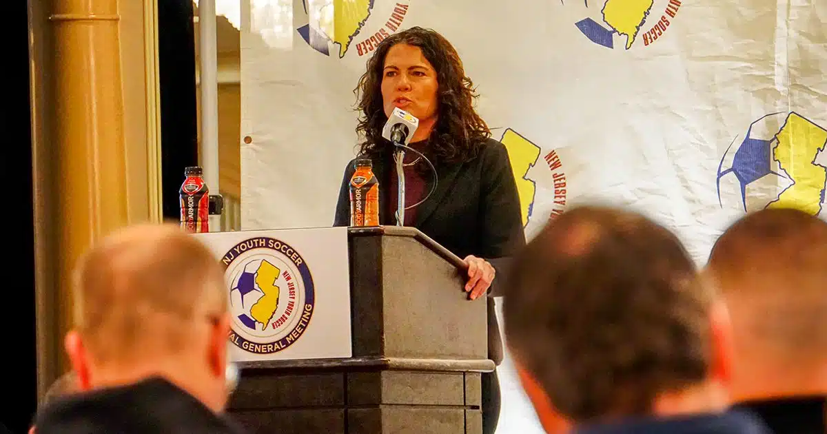 Soccer Parenting Association founder Skye Eddy speaks at the NJ Youth Soccer Annual General Meeting.