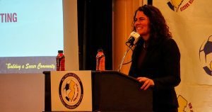Soccer Parenting Association founder Skye Eddy speaks at the NJ Youth Soccer Annual General Meeting.