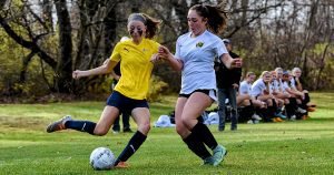 Two youth soccer players battle for the ball.