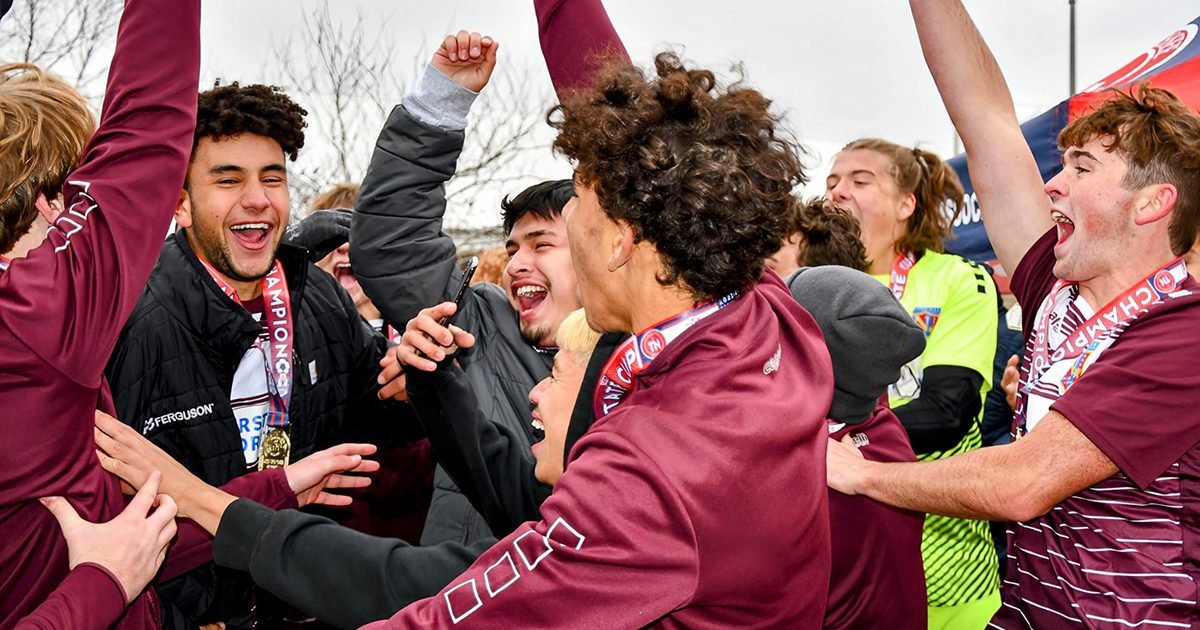 A group of Tennessee youth soccer players celebrate after winning a State Cup championship.