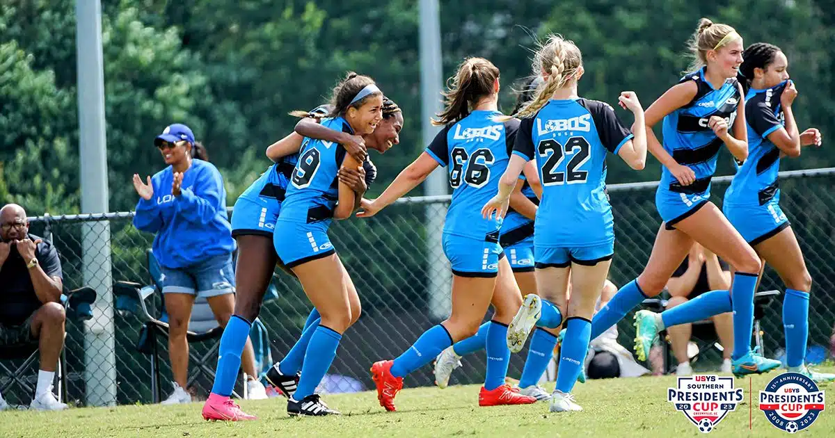Players from Lady Lobos Rush celebrate a goal at the USYS Southern Presidents Cup.
