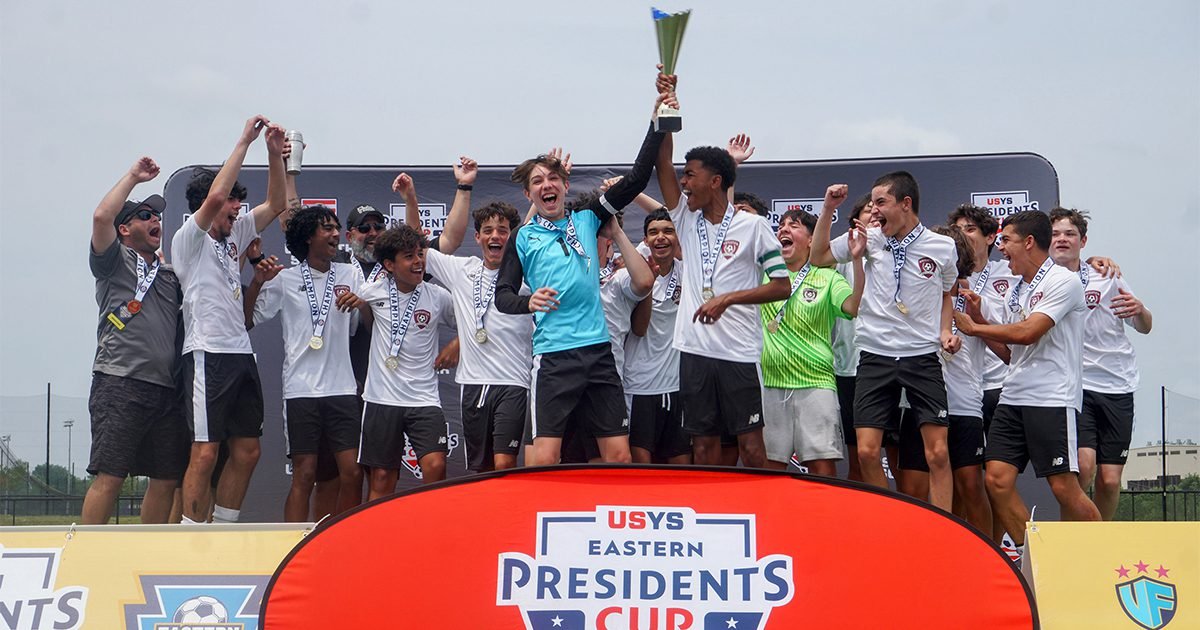 The Naugatuck Youth Soccer 15U Boys celebrate an Eastern Presidents Cup Championship.